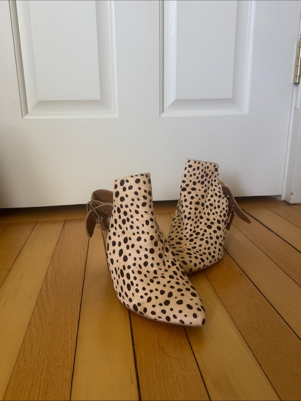 Dolce Vita Tan and Black Spotted Pointed Ankle Booties